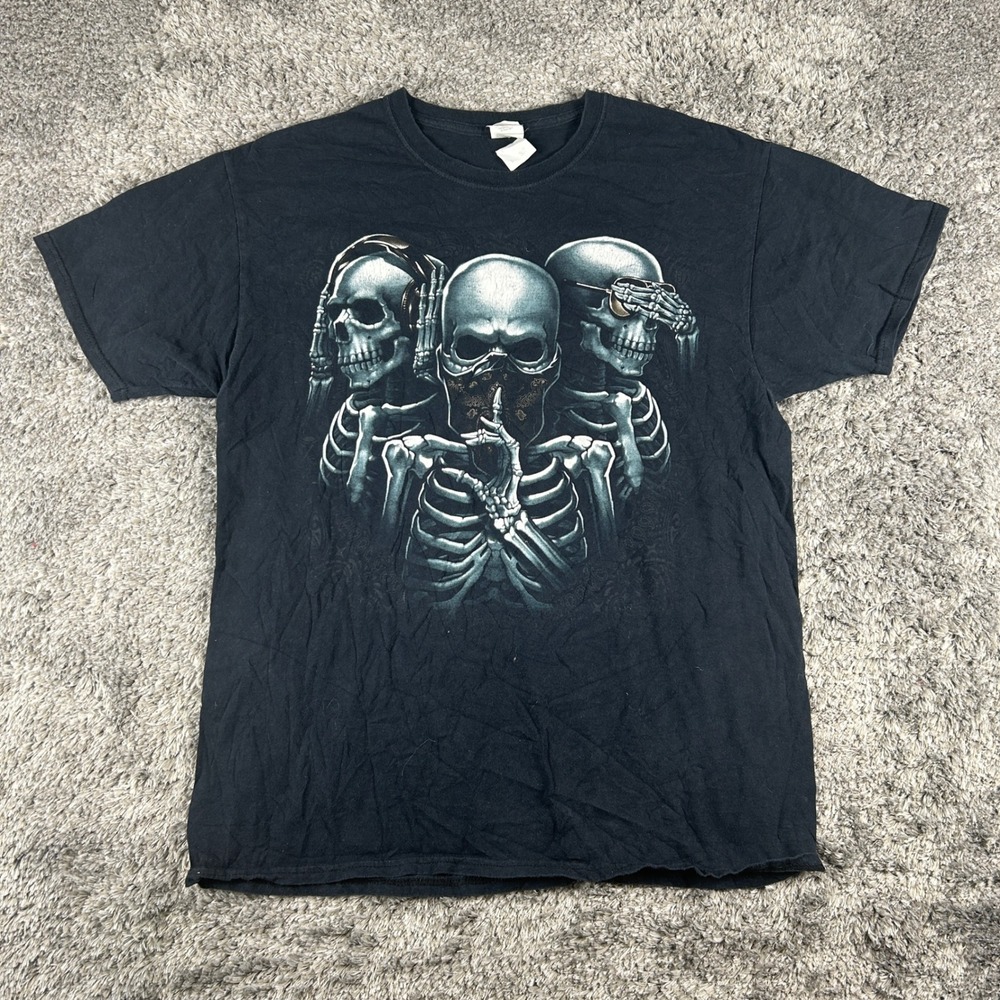Fruit of the Loom Skeleton See Hear Speak No Evil Shirt Mens Large Black Graphic